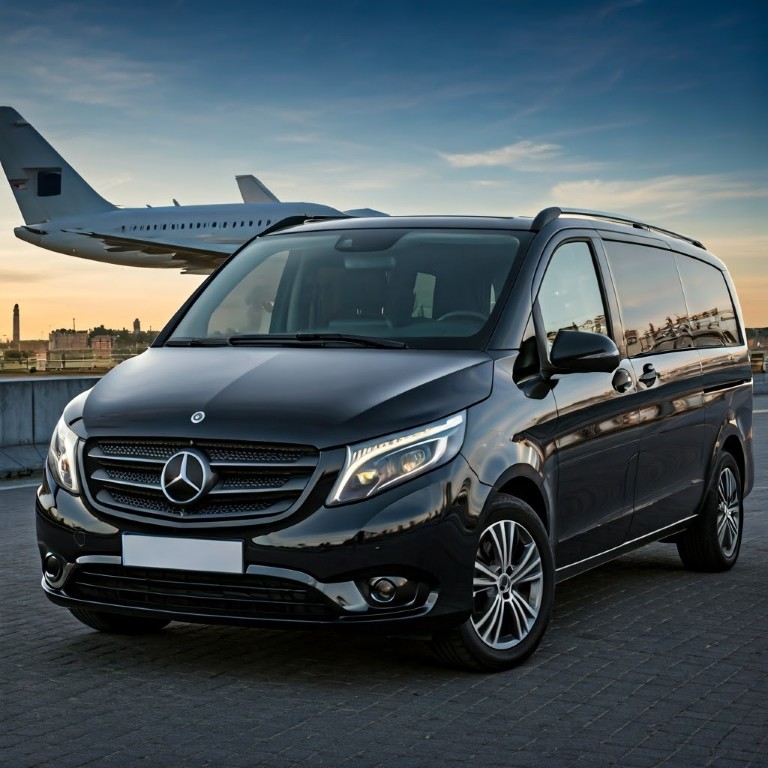 VIP-Service: schwarzer Mercedes-Van vor einem Privatjet