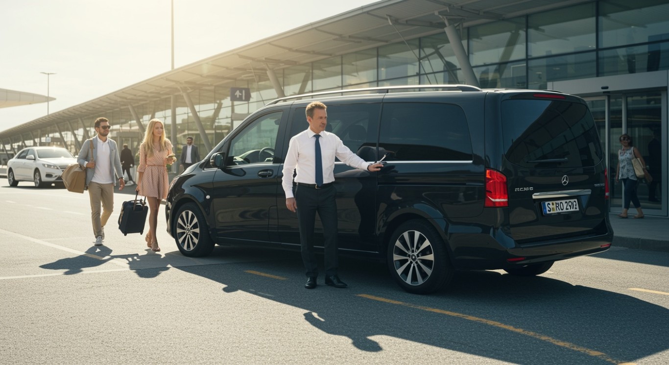Flughafentransfer: Chauffeur erwartet Fahrgäste mit Mercedes V-Klasse am Terminal